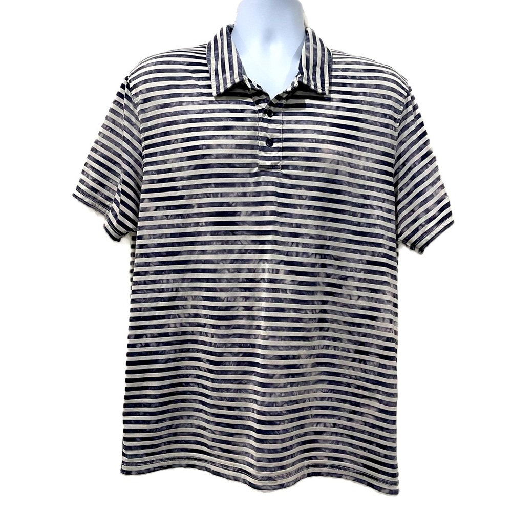 Kenneth Cole grey and off-white striped polo | Sz L-XL